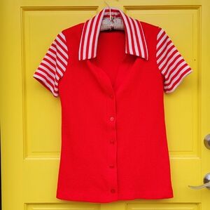 Vintage Red Ribbed Knit Polo Top White Stripe Collar Sleeves Mod Retro